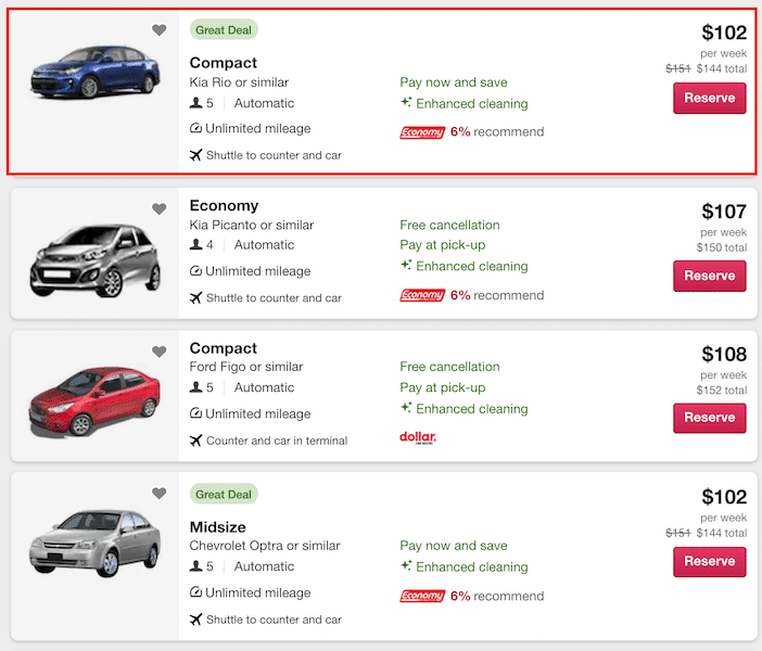 Screenshot of car rental agency